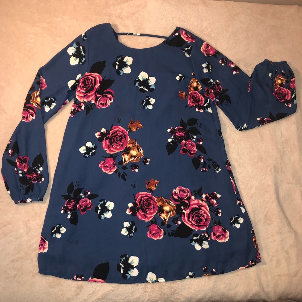 Navy Blue Floral Backless Dress